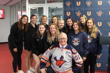 Women's Hockey and President Pfannestiel at Hockey Skills Competition Announcement 091423